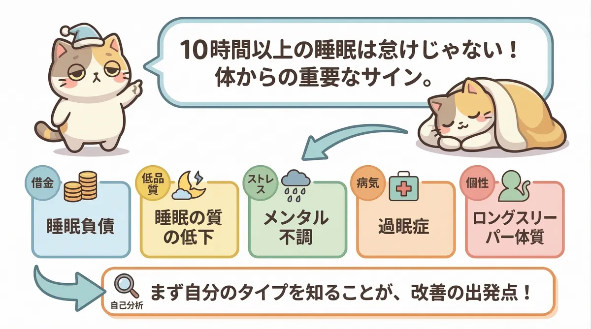 10時間以上寝てしまうのは怠けではなく体からのサインであり、原因は「睡眠負債」「睡眠の質の低下」「メンタル不調」「過眠症」「ロングスリーパー体質」の5タイプに分かれる。自分がどのタイプかを知ることが改善の出発点になる。