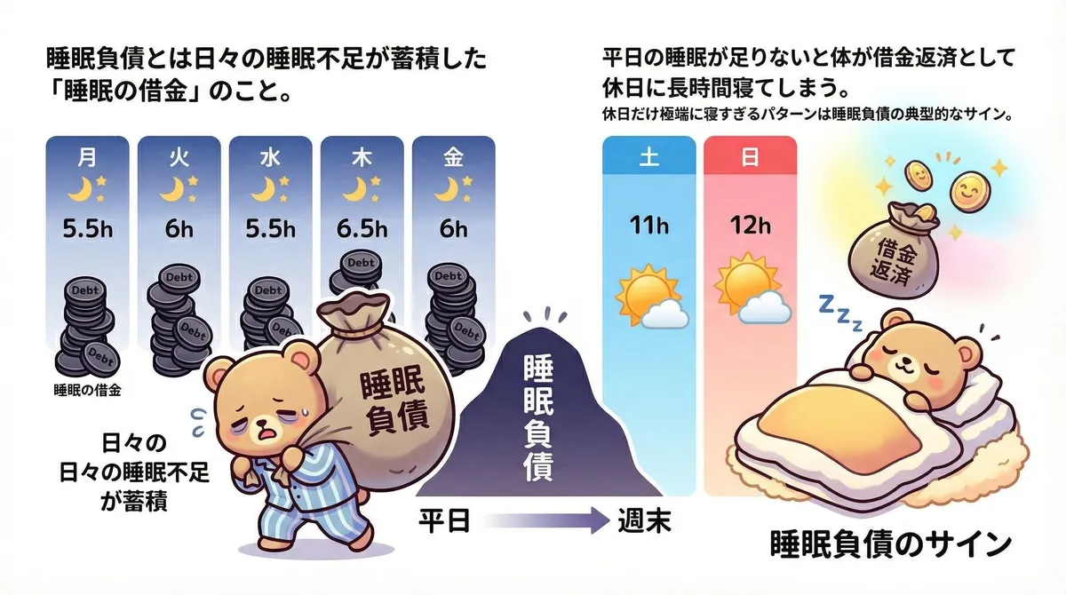 睡眠負債とは日々の睡眠不足が蓄積した「睡眠の借金」のこと。平日の睡眠が足りないと体が借金返済として休日に長時間寝てしまう。休日だけ極端に寝すぎるパターンは睡眠負債の典型的なサイン。