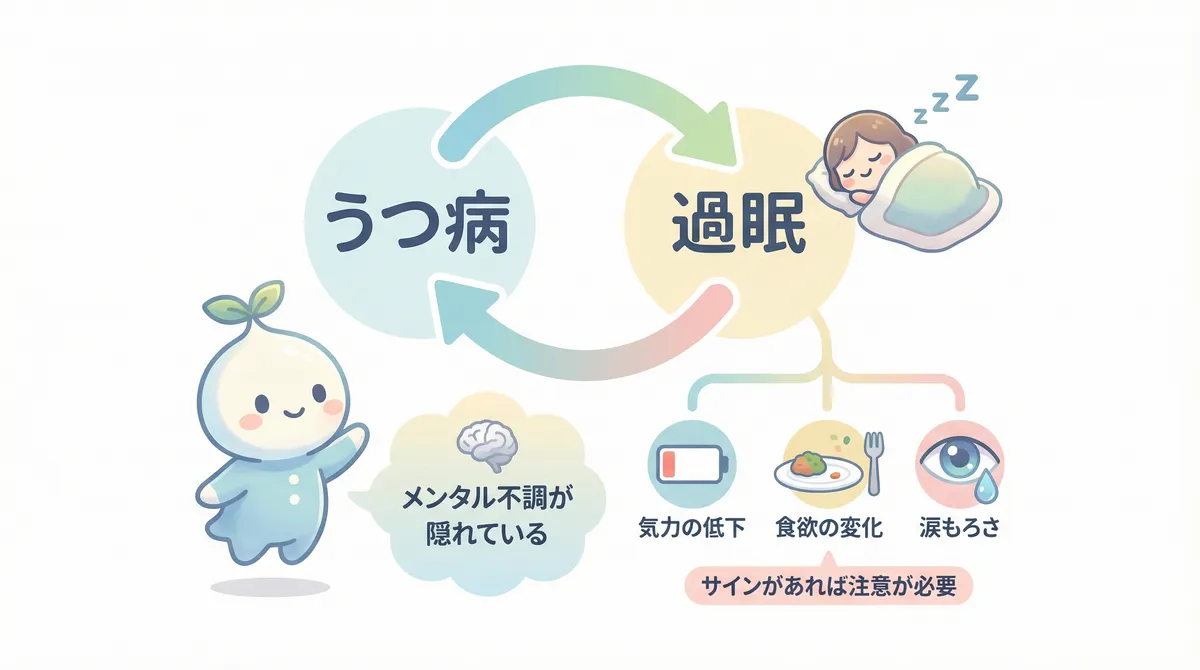 うつ病と過眠は互いに影響し合い、1日中寝てしまう状態の背景にメンタル不調が隠れていることがある。過眠に加えて気力の低下・食欲の変化・涙もろさなどのサインがあれば注意が必要。