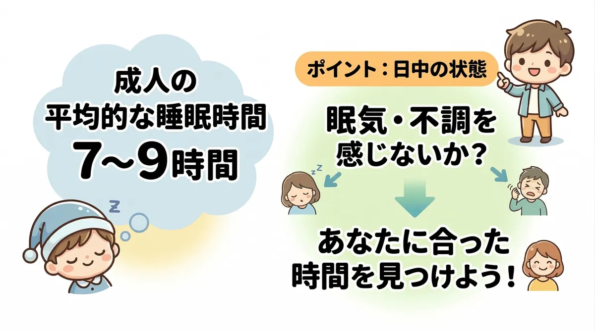 推奨睡眠時間は成人で7〜9時間とされるが個人差が大きい。「何時間寝るべきか」よりも「日中に眠気や不調を感じないか」を基準に、自分に合った睡眠時間を見つけることが大切。
