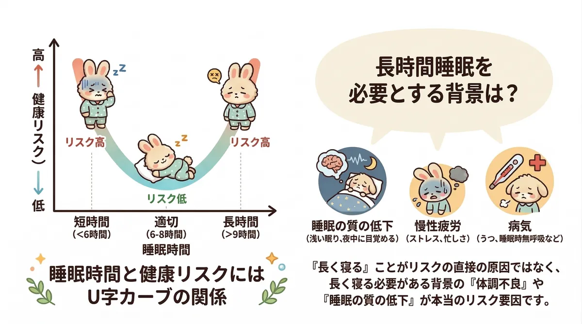 睡眠時間と健康リスクにはU字カーブの関係があり、短すぎても長すぎてもリスクが上がる。ただし「長く寝ること自体」が原因ではなく、長時間睡眠を必要とする背景の不調がリスクの本体である可能性が高い。