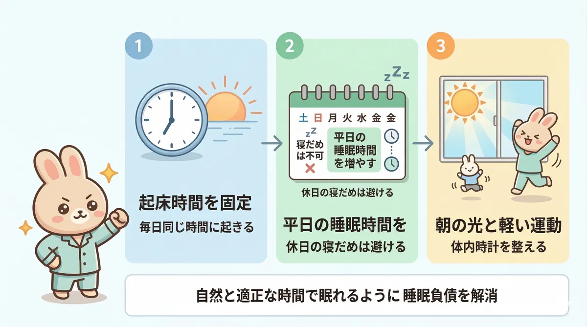 最優先は起床時間を毎日固定すること。休日の寝だめではなく平日の睡眠時間を少しずつ増やして返済する。朝の光を浴びて軽い運動を取り入れることで体内時計が整い、自然と適正な時間で眠れるようになる。