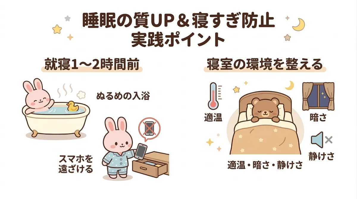寝室の温度・光・音を整え、就寝1〜2時間前の過ごし方を見直すことが睡眠の質を上げるカギ。ぬるめの入浴やスマホを遠ざける習慣など、特別な道具がなくても今夜から始められる改善策がある。