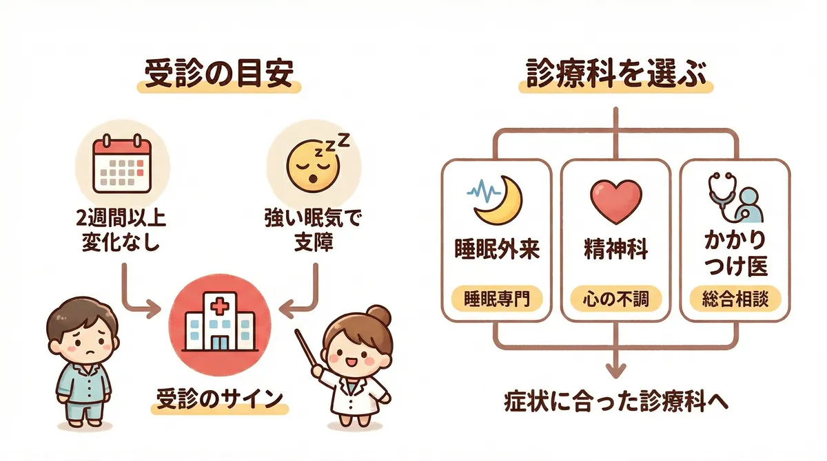 2週間以上の改善努力で変化がない場合や、日中の強い眠気で生活に支障が出ている場合は受診のサイン。睡眠外来・精神科・かかりつけ医それぞれの得意分野を知り、自分の症状に合った診療科を選ぶ。