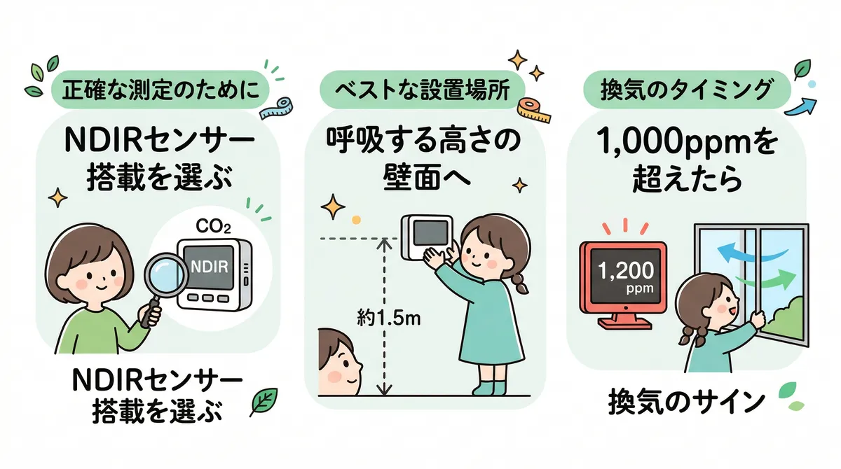 正確な測定にはNDIRセンサー搭載のモニターを選ぶのがポイント。設置場所は呼吸する高さの壁面がベストで、1,000ppmを超えたら換気のサインと読む。