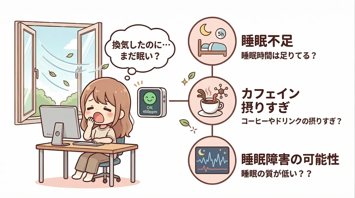 換気しても眠気が取れないときは、睡眠不足・カフェインの摂りすぎ・睡眠障害など別の原因が潜んでいる可能性がある。CO2対策だけで解決しない場合の確認ポイントを整理。