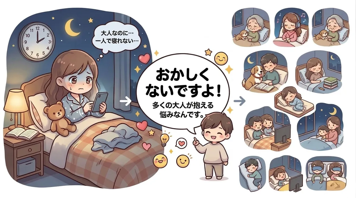 大人になっても一人で眠れないことは決しておかしくなく、多くの人が抱える悩みであることを伝えます。
