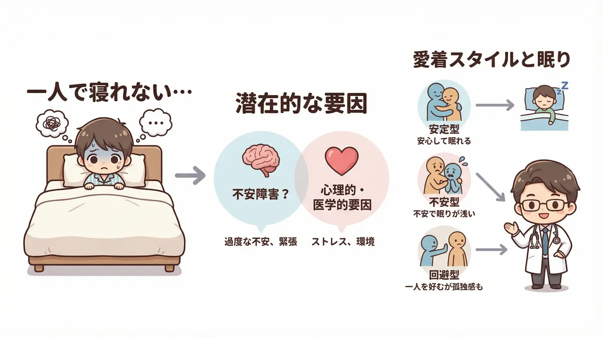不安障害や愛着スタイルとの関連など、一人で眠れない背景に潜む可能性のある心理的・医学的要因について、愛着スタイルと眠りの関係も含めて整理します。