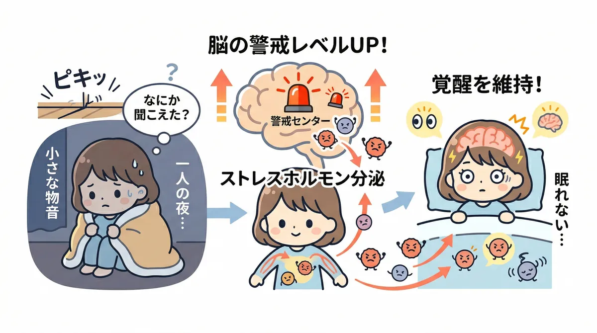 小さな物音が気になるのは脳の警戒レベルが上がっているためであり、ストレスホルモンが覚醒を維持してしまうメカニズムを紹介します。