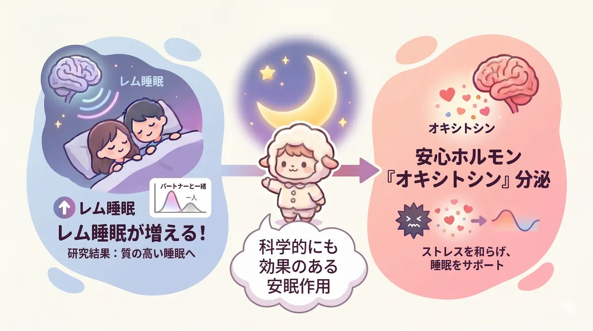 パートナーと眠るとレム睡眠が増えるという研究結果や、安心ホルモン「オキシトシン」が睡眠をサポートする仕組みなど、科学的裏付けを紹介します。