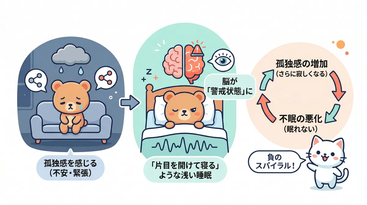 孤独を感じると脳が「片目を開けて寝る」ような浅い睡眠状態になること、そして孤独感と不眠が互いに悪化させ合う悪循環について説明します。