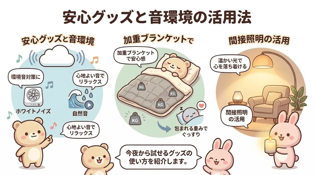 ホワイトノイズや自然音で無音の怖さを和らげる方法、加重ブランケットで安心感を得る方法、間接照明の活用など、今夜から試せるグッズの使い方を紹介します。