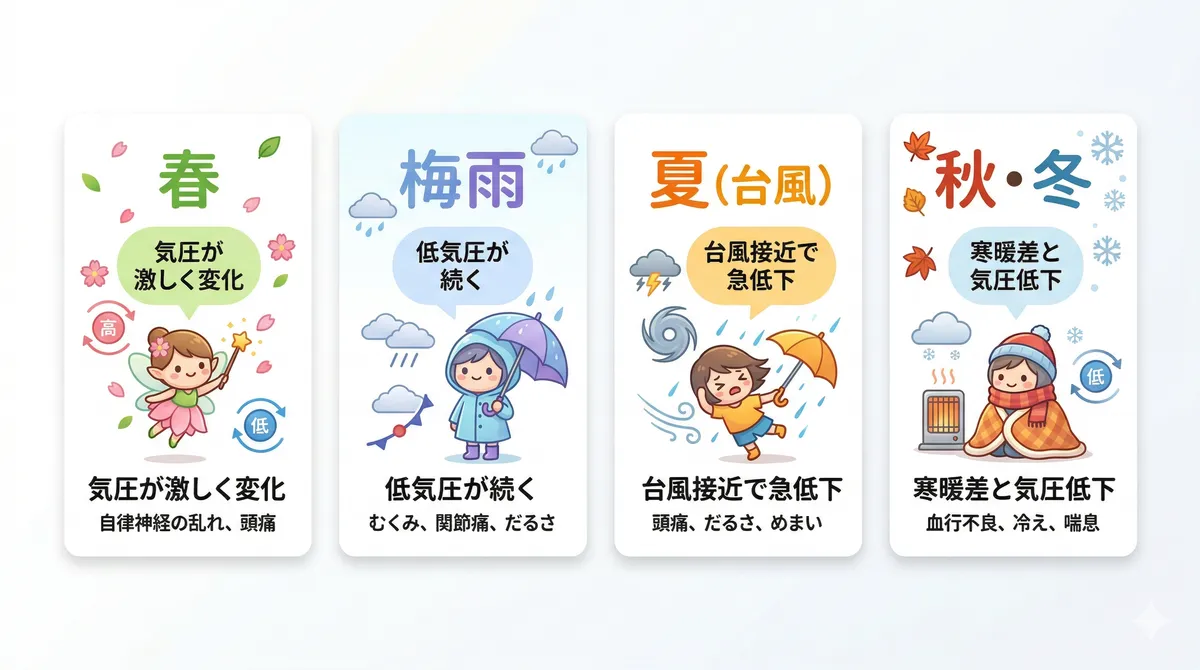 季節ごとの気圧パターンと体への影響を整理し、特に注意すべき時期を明確にします。