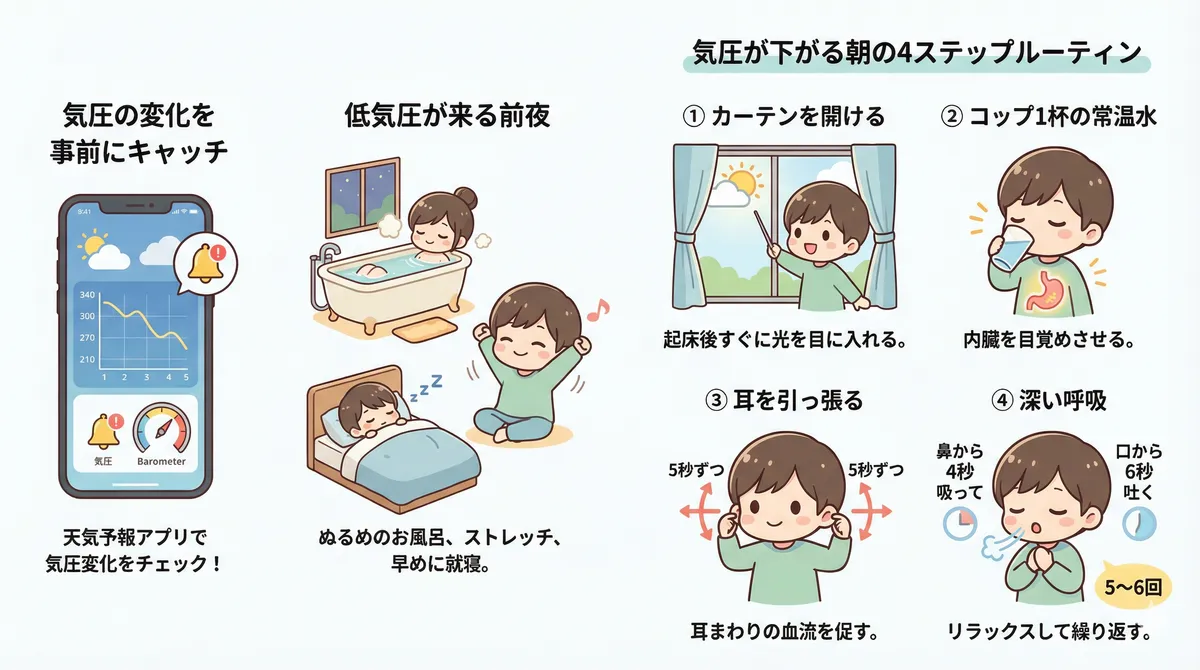 気圧の変化を事前にキャッチする方法、低気圧が来る前夜にやっておきたいこと、気圧が下がる朝に取り入れたい4ステップのルーティンを紹介します。