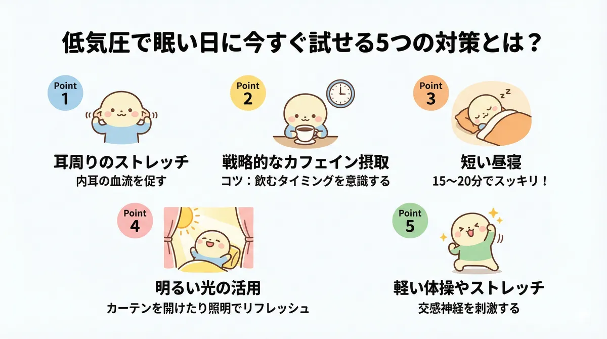 耳周りのストレッチ、戦略的なカフェイン摂取、短い昼寝、明るい光の活用、軽い体操やストレッチなど、即効性のある5つの対策を具体的に解説します。