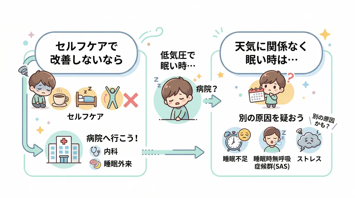 セルフケアで改善しない場合の受診先や、天気に関係なく眠い場合は別の原因を疑うべきことを案内します。