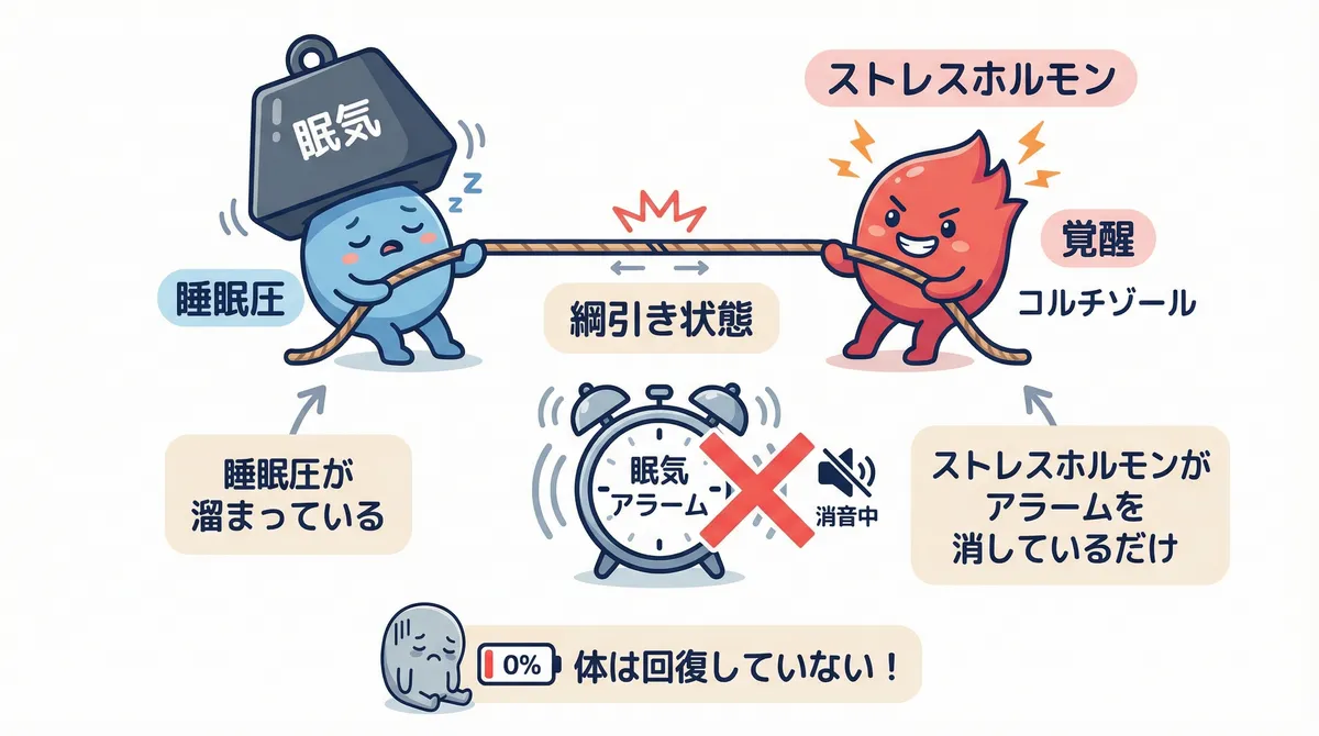 睡眠圧とストレスホルモンの「綱引き」が起きている状態であり、眠気のアラームをストレスホルモンが消音しているだけで、体は回復していないことを説明します。