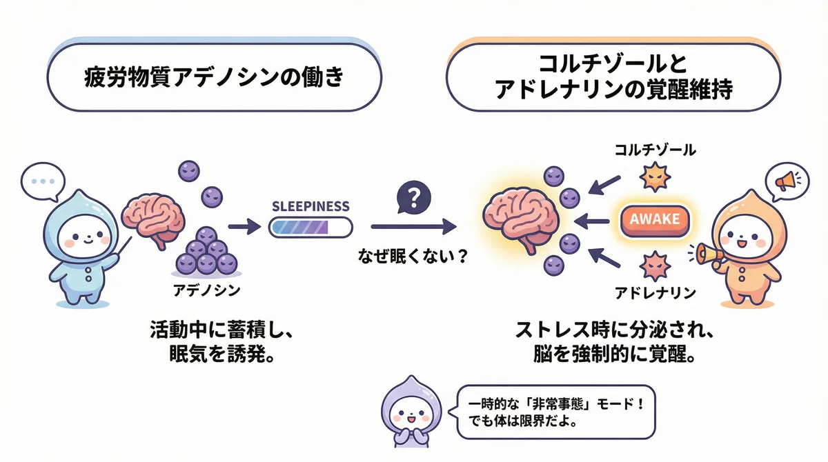 眠気を生む疲労物質アデノシンの働きと、コルチゾールやアドレナリンが脳を無理やり起こし続ける仕組みを科学的に解説します。