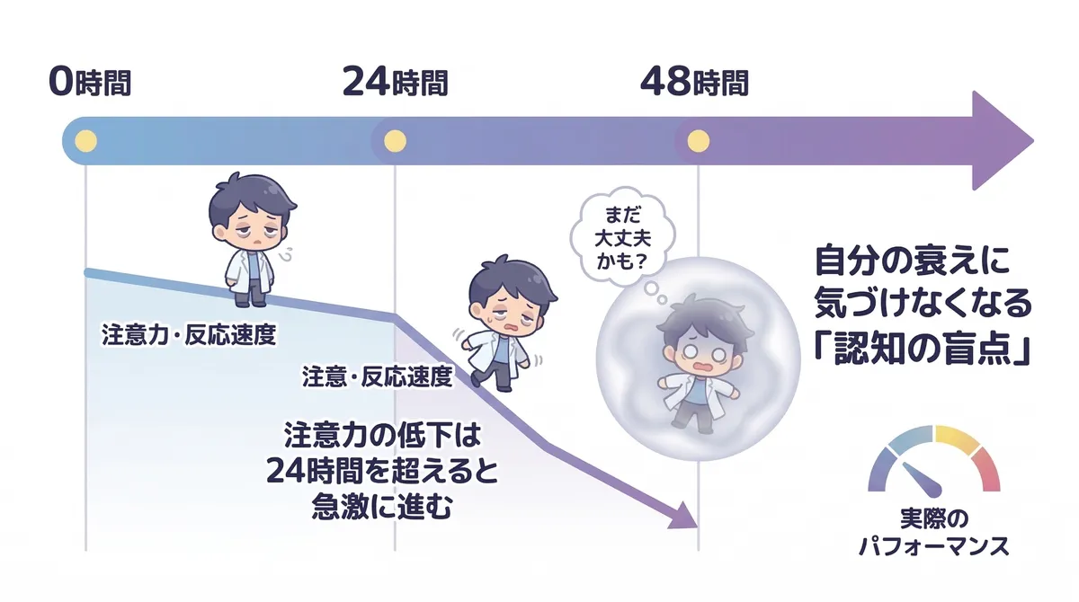 注意力の低下が24時間を超えると急激に進むこと、自分の衰えに気づけなくなる「認知の盲点」があることを研究データとともに紹介します。