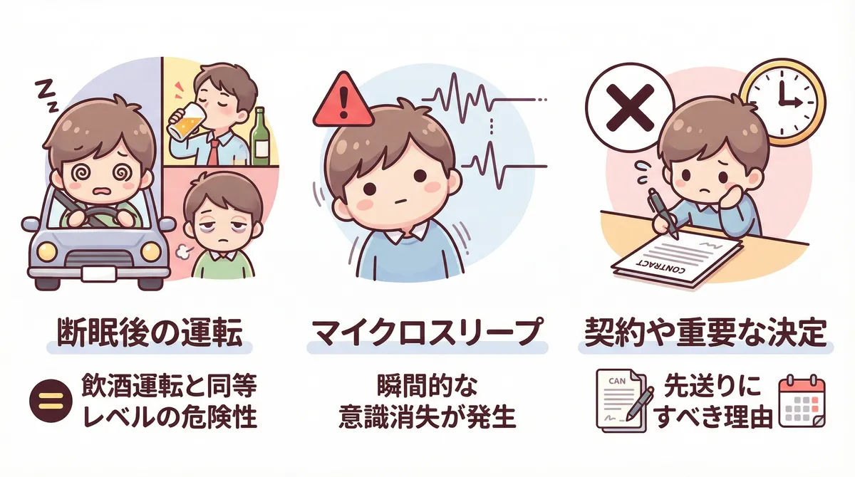 断眠後の運転は飲酒運転と同等レベルの危険性があること、マイクロスリープという瞬間的な意識消失が起きること、重要な決定は先送りにすべき理由を警告します。