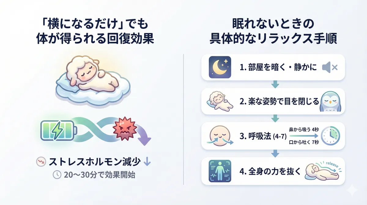 横になるだけでも得られる回復効果と、眠れないときの具体的なリラックス手順を紹介します。
