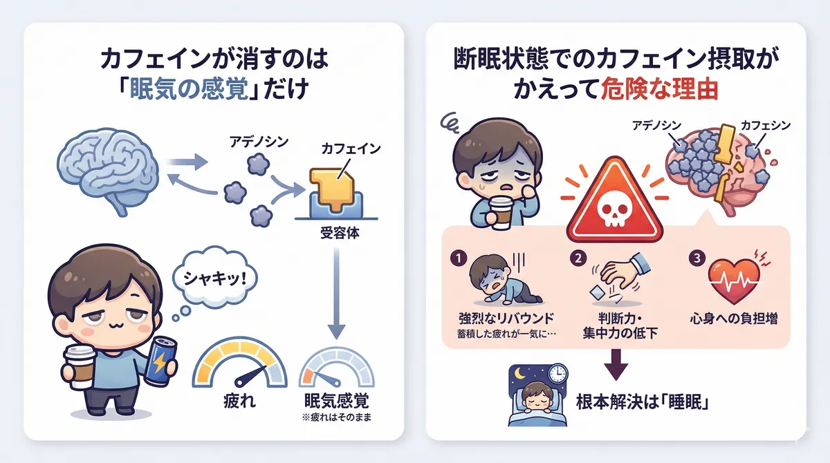カフェインが消すのは眠気の感覚だけであり、断眠状態でのカフェイン摂取がかえって危険な理由を解説します。