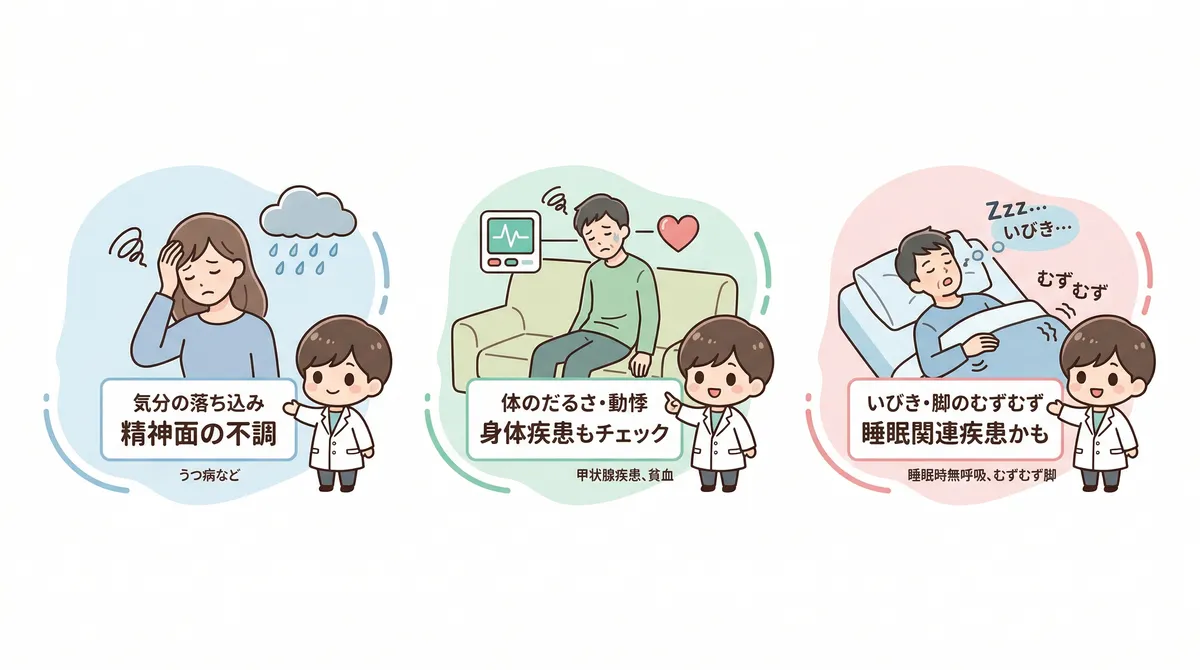 精神面の不調、身体疾患、いびきや脚のむずむず感など、短時間睡眠の背景に潜む可能性のある疾患とその特徴を解説します。