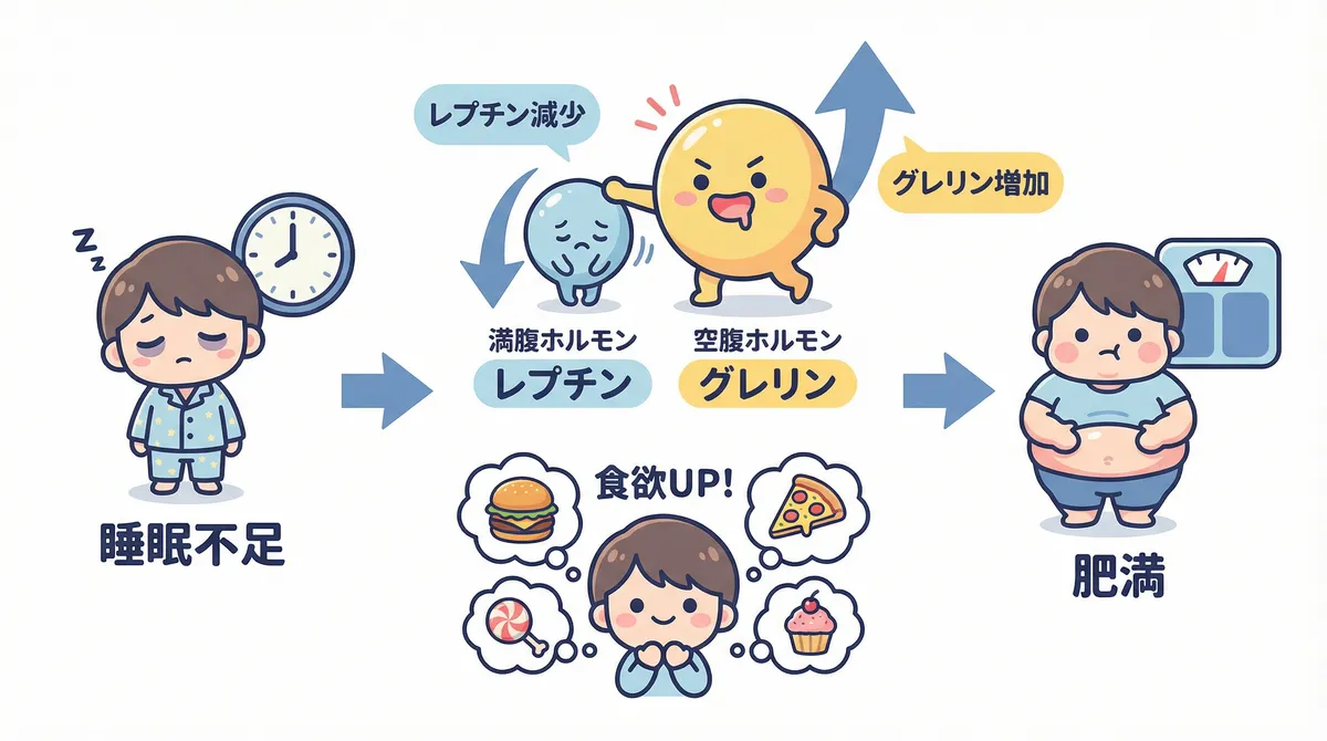 満腹ホルモンが減り空腹ホルモンが増える仕組みなど、睡眠不足と肥満の関係を食欲ホルモンの観点から解説します。