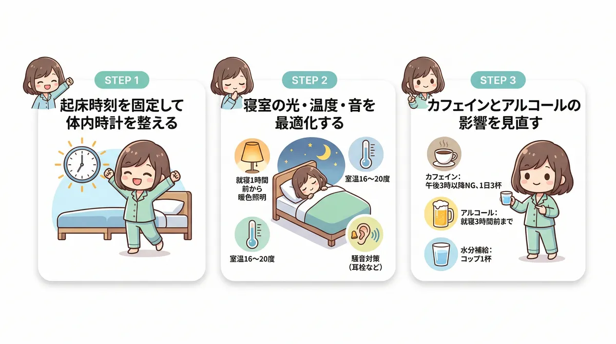 起床時刻を固定して体内時計を整えること、寝室の光・温度・音の最適化、カフェインとアルコールの見直しなど、基本の改善策を紹介します。