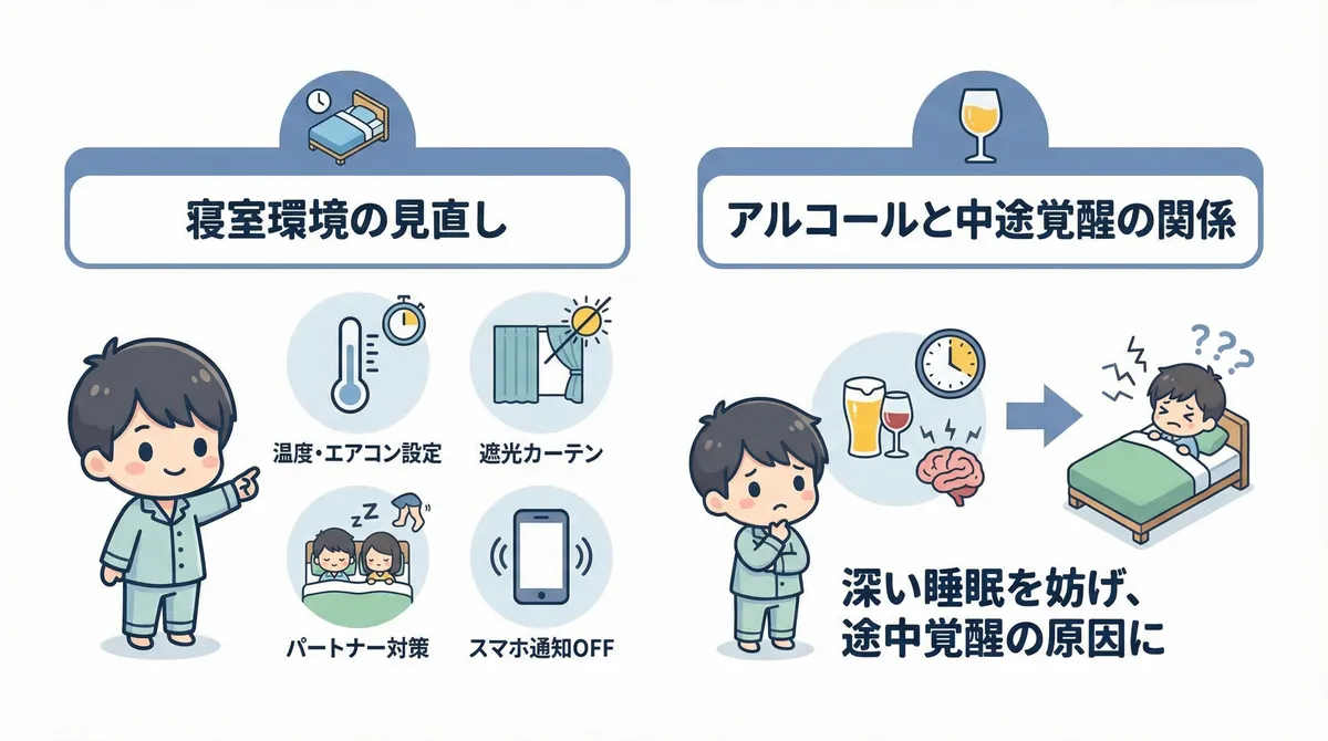 寝室環境を見直して覚醒の原因を減らす方法や、アルコールと中途覚醒の深い関係を解説します。