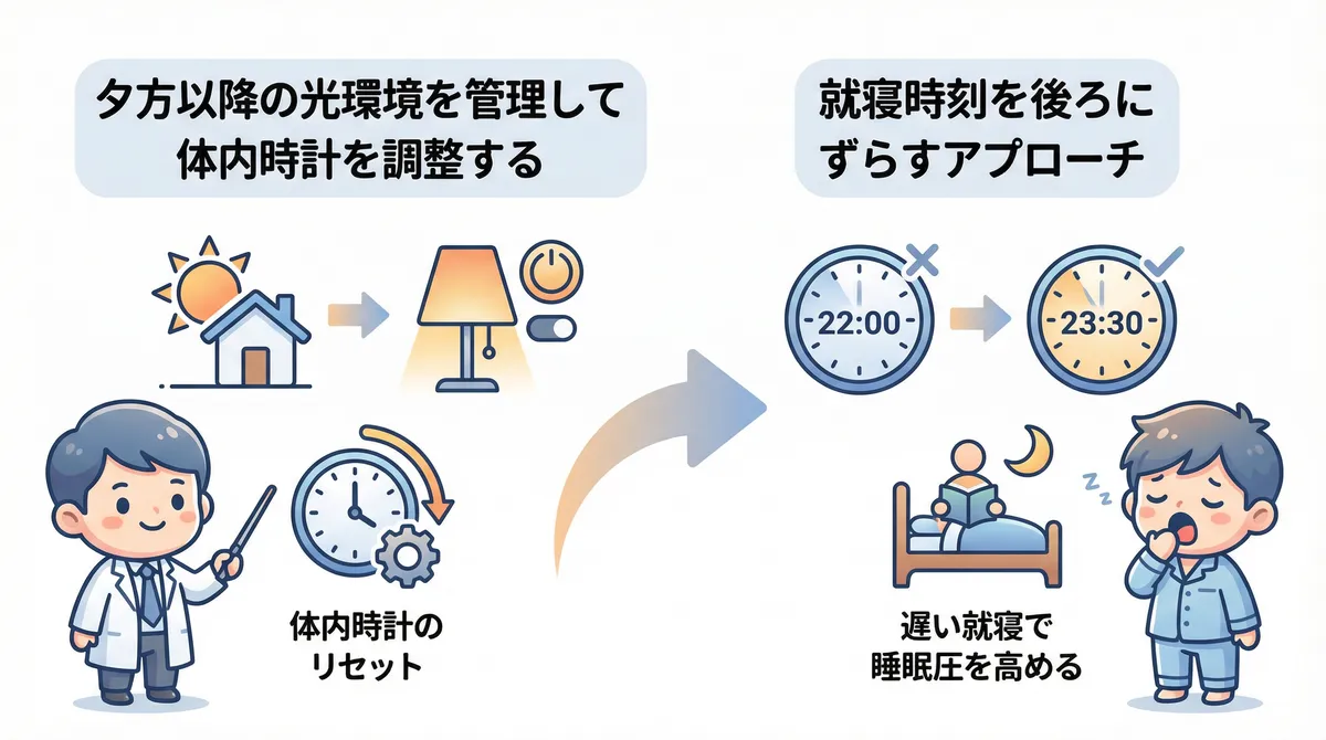 夕方以降の光環境を管理して体内時計を調整する方法や、就寝時刻を後ろにずらすアプローチを紹介します。