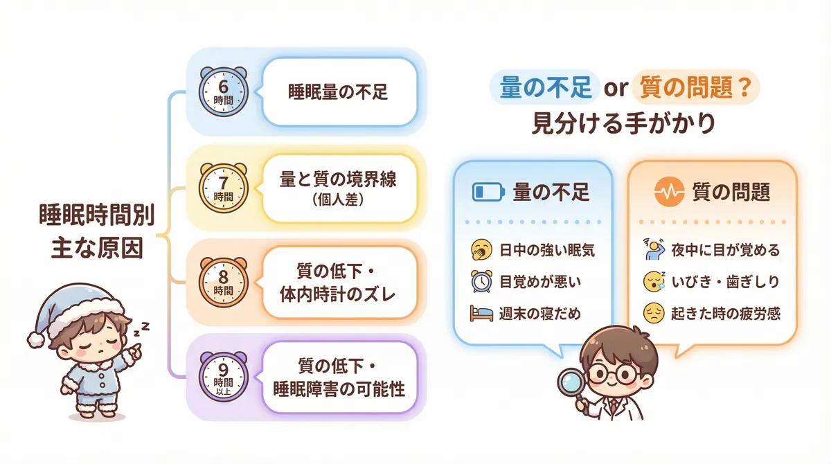 睡眠時間別に見る眠気の主な原因と、「量の不足」か「質の問題」かを見分ける手がかりを整理します。