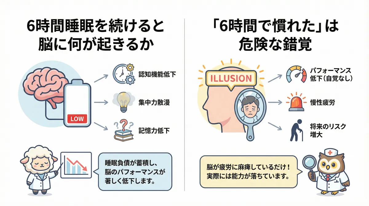 6時間睡眠を続けると脳に何が起きるか、「6時間で慣れた」は危険な錯覚であることを研究データとともに解説します。