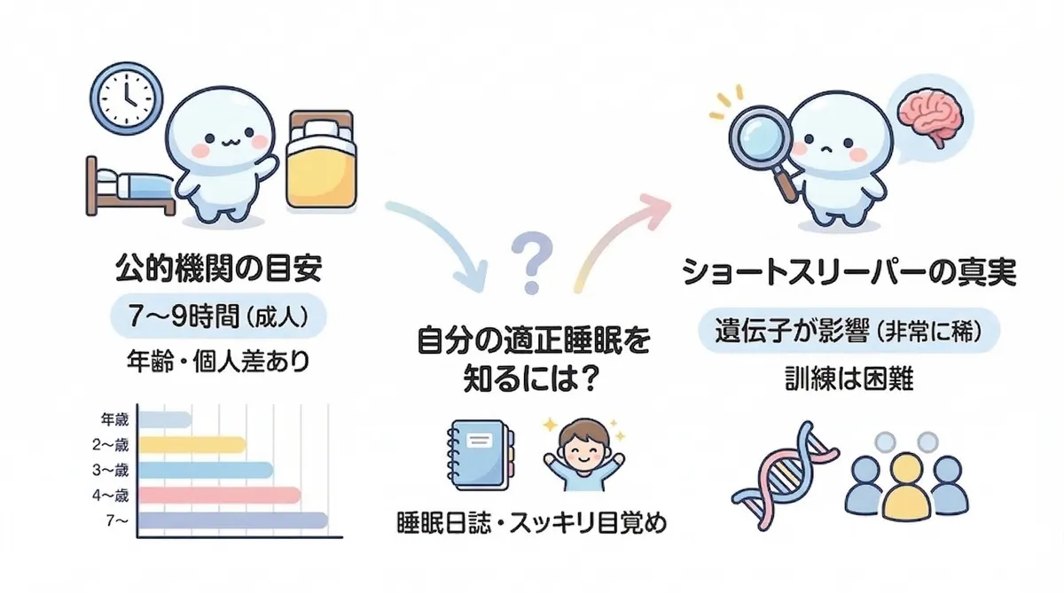 公的機関が推奨する睡眠時間の目安と、ショートスリーパーは本当に存在するのかについて科学的に解説します。