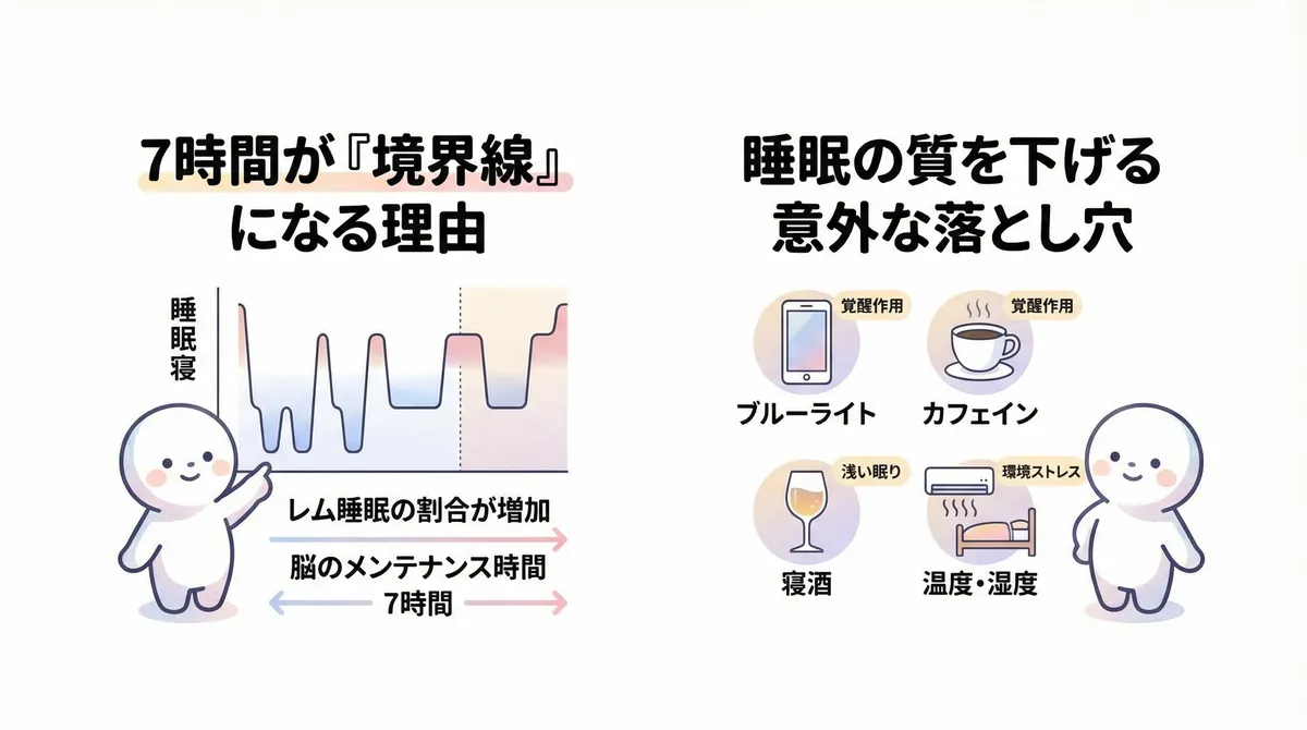 7時間が「境界線」になる理由と、睡眠の質を下げる意外な落とし穴を紹介します。