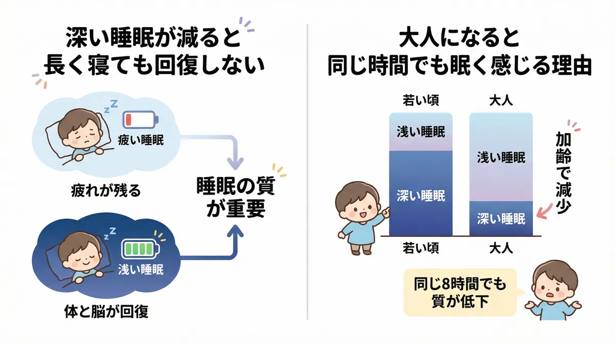 深い睡眠が減ると長く寝ても回復しないこと、大人になると同じ時間でも眠く感じる理由を解説します。