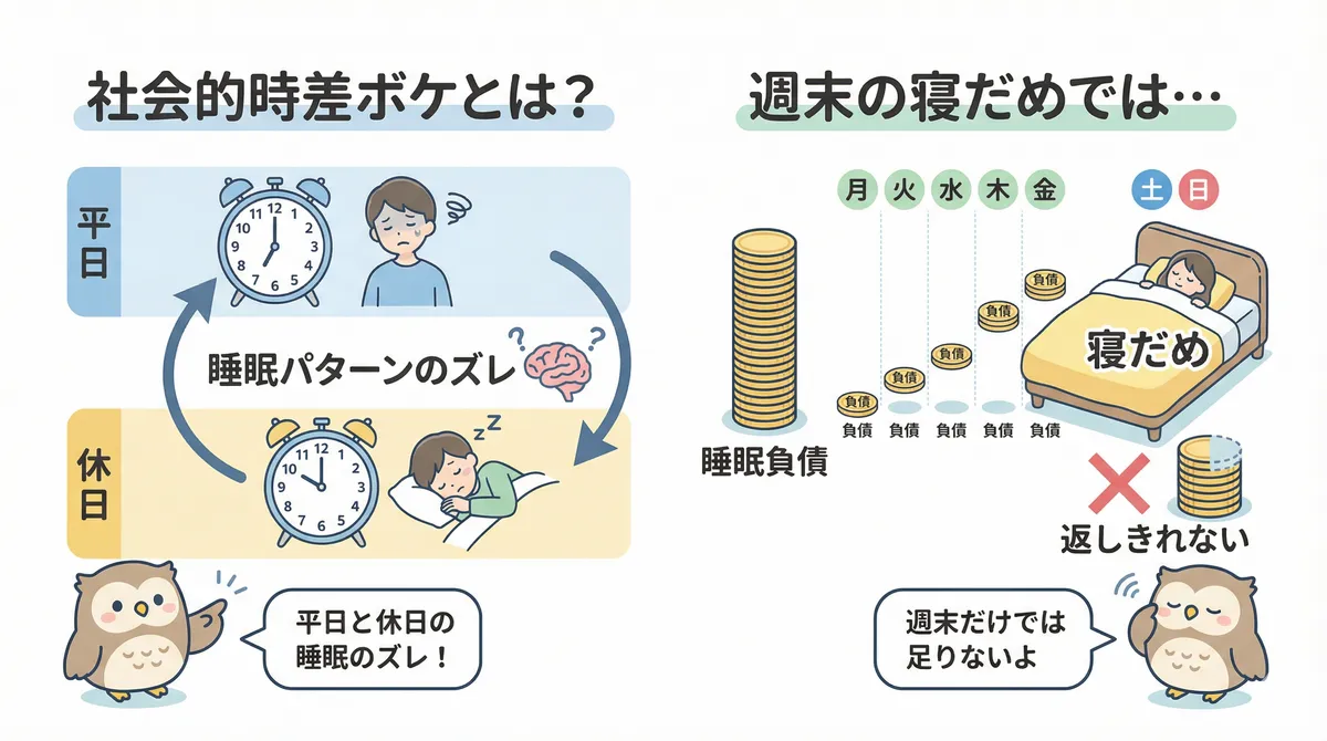 社会的時差ボケとは何か、週末の寝だめでは睡眠負債を返しきれないことを説明します。