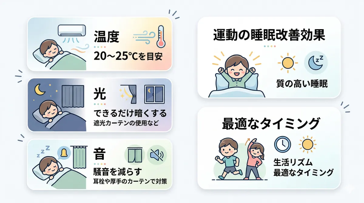 温度・光・音の最適条件と、運動の睡眠改善効果と最適なタイミングを紹介します。