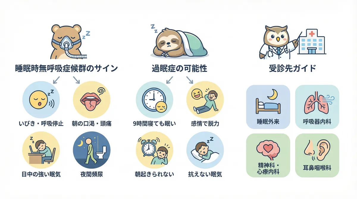 睡眠時無呼吸症候群の見逃されやすいサイン、過眠症の可能性を疑うポイント、何科を受診すればよいかを案内します。