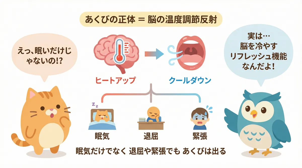 あくびの正体は脳の温度調節反射であり、眠気だけでなく退屈や緊張でもあくびが出ることを説明します。