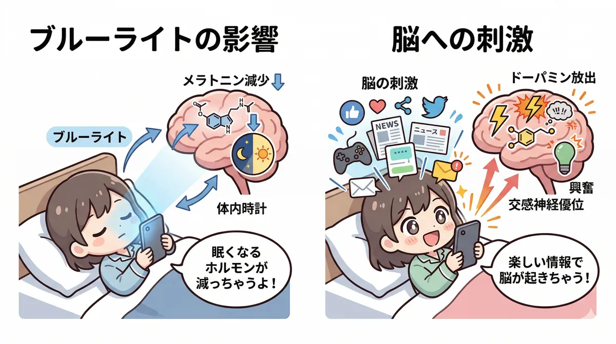 ブルーライトが体内時計に影響する仕組みと、画面を見ないだけでなく脳への刺激も問題であることを説明します。