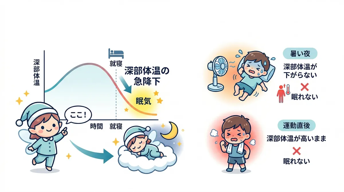 眠くなるタイミングは深部体温が急降下するときであること、暑い夜や運動直後に寝つけない理由を解説します。