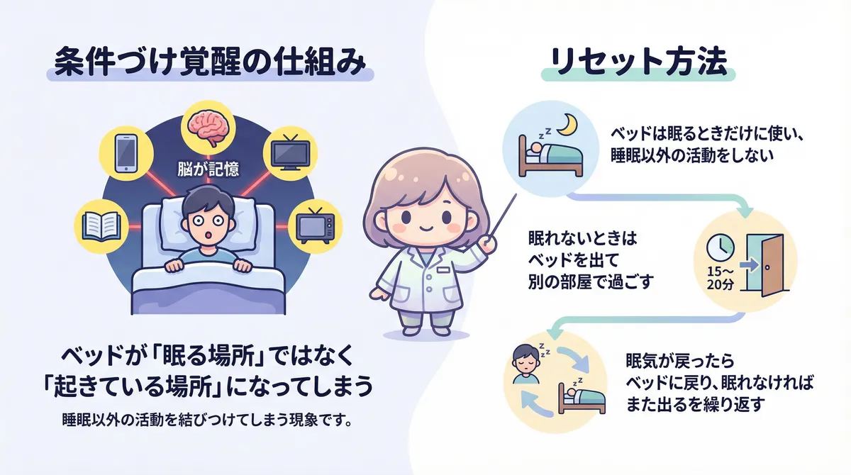 ベッドが「眠る場所」ではなく「起きている場所」になってしまう条件づけ覚醒の仕組みと、そのリセット方法を紹介します。