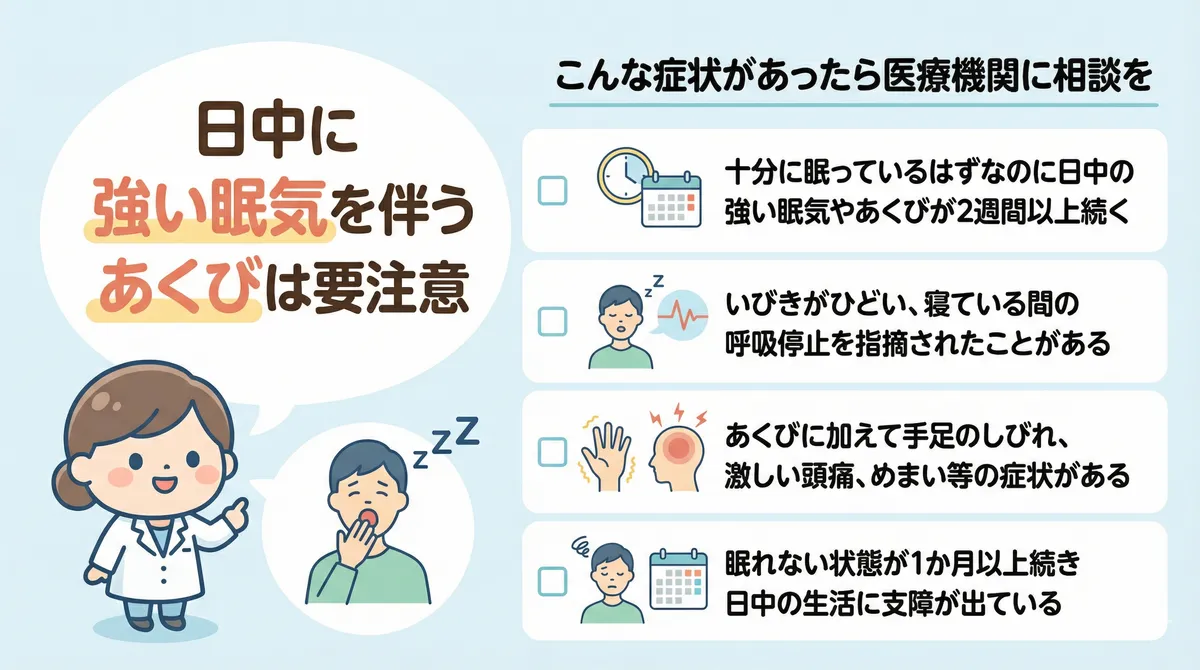 日中に強い眠気を伴うあくびは要注意であること、医療機関に相談すべき症状を案内します。