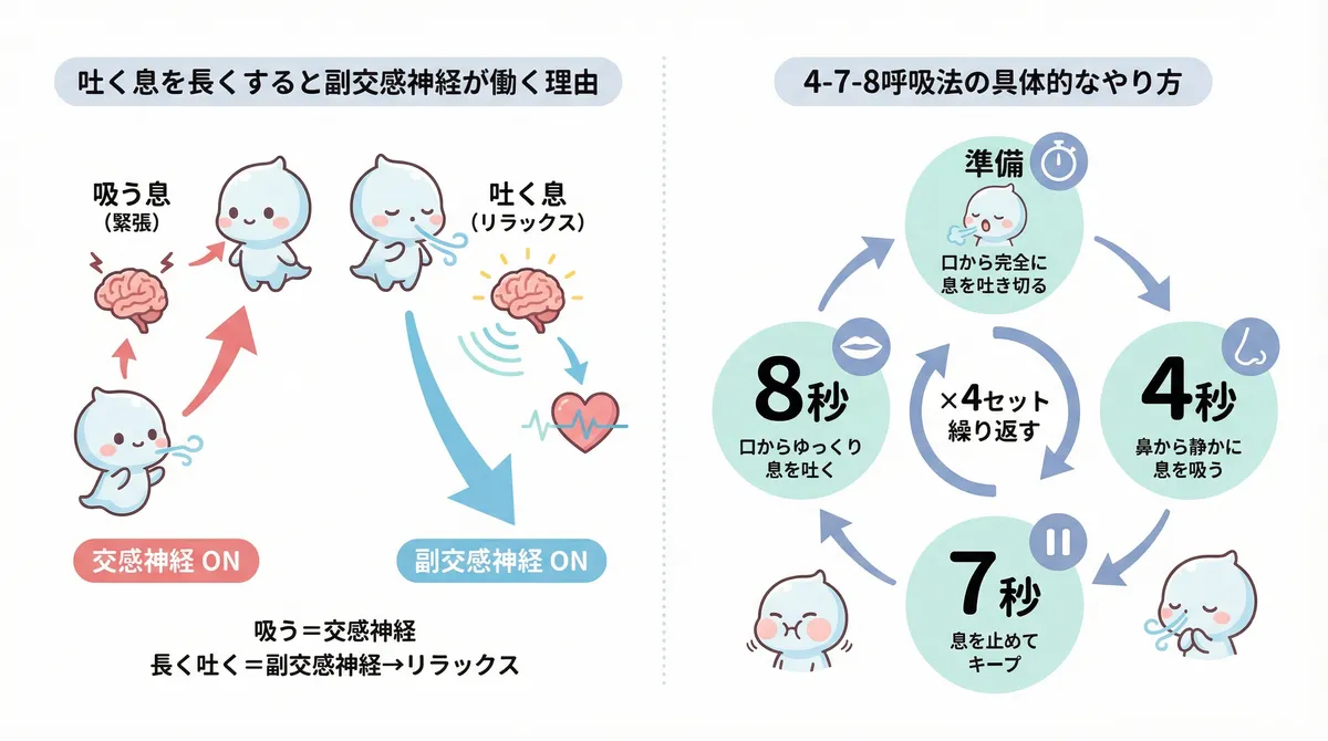 吐く息を長くすると副交感神経が働く理由と、4-7-8呼吸法の具体的なやり方を解説します。
