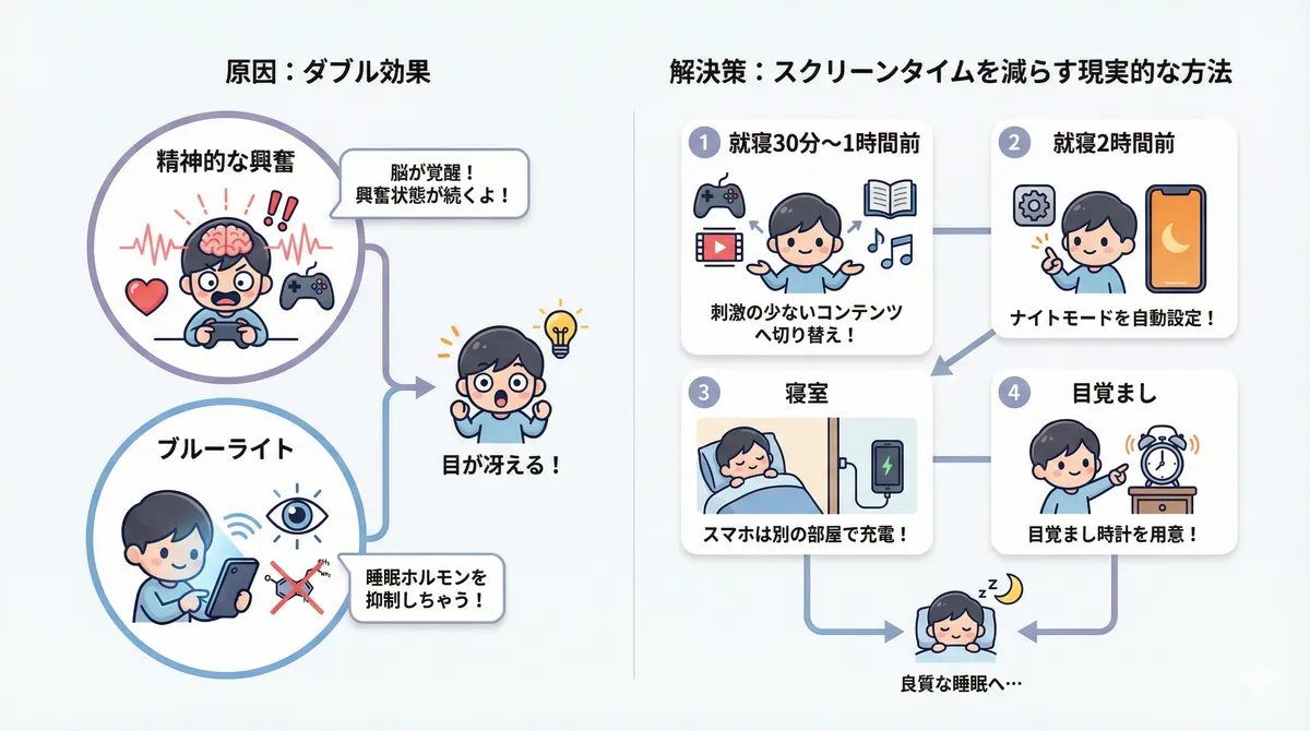 精神的な興奮とブルーライトのダブル効果、就寝前のスクリーンタイムを減らす現実的な方法を解説します。