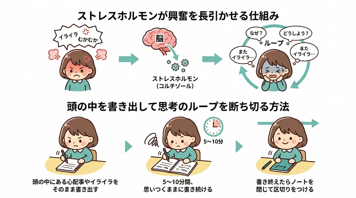 ストレスホルモンが興奮を長引かせる仕組みと、頭の中を書き出して思考のループを断ち切る方法を紹介します。