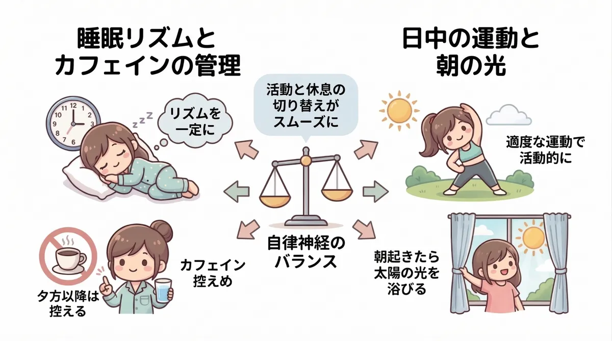睡眠リズムとカフェインの管理ポイント、日中の運動と朝の光が自律神経を整える仕組みを解説します。