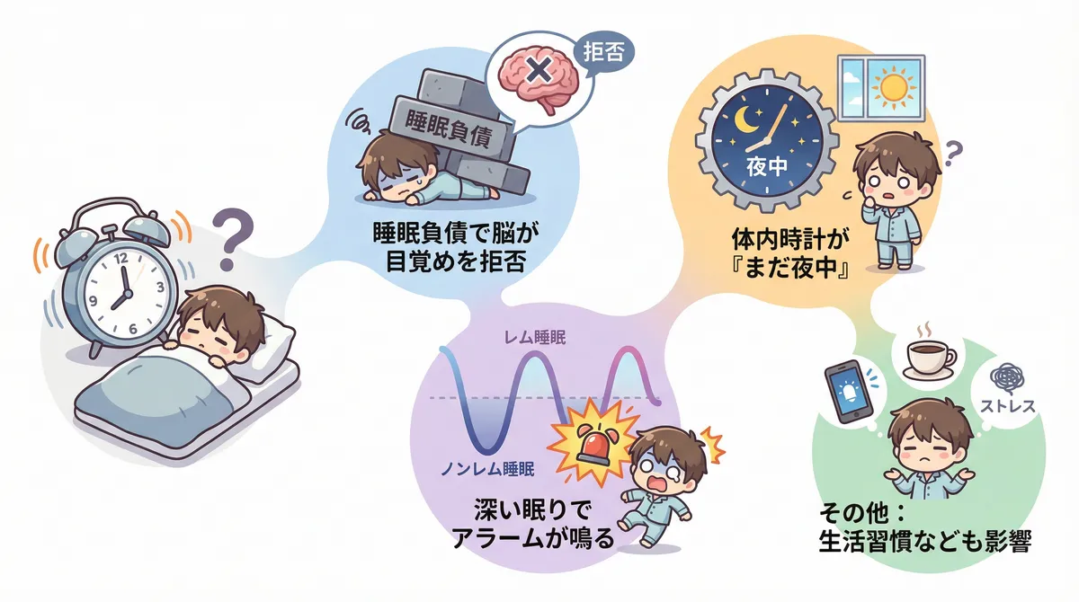 睡眠負債が溜まっていると脳が目覚めを拒否すること、睡眠の質が低いと深い眠りのタイミングでアラームが鳴りやすいこと、体内時計のずれの影響を解説します。