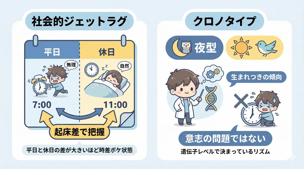 社会的ジェットラグは平日と休日の起床差で把握できること、クロノタイプは生まれつきの傾向で意志の問題ではないことを解説します。